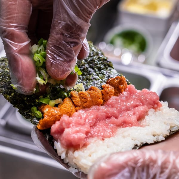 Gloved hands preparing a Temakase hand roll with rice, minced tuna, uni, and green onions on nori.