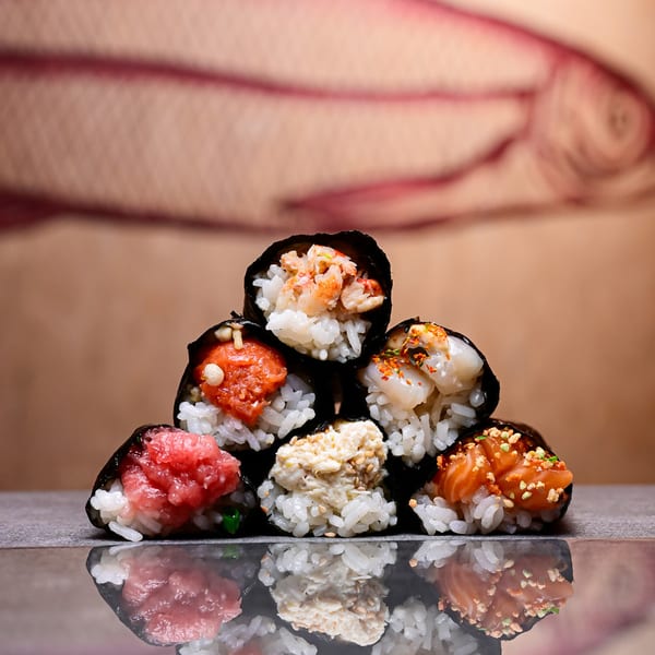 A pyramid of six Temakase hand rolls with various fillings, reflected on a dark surface.