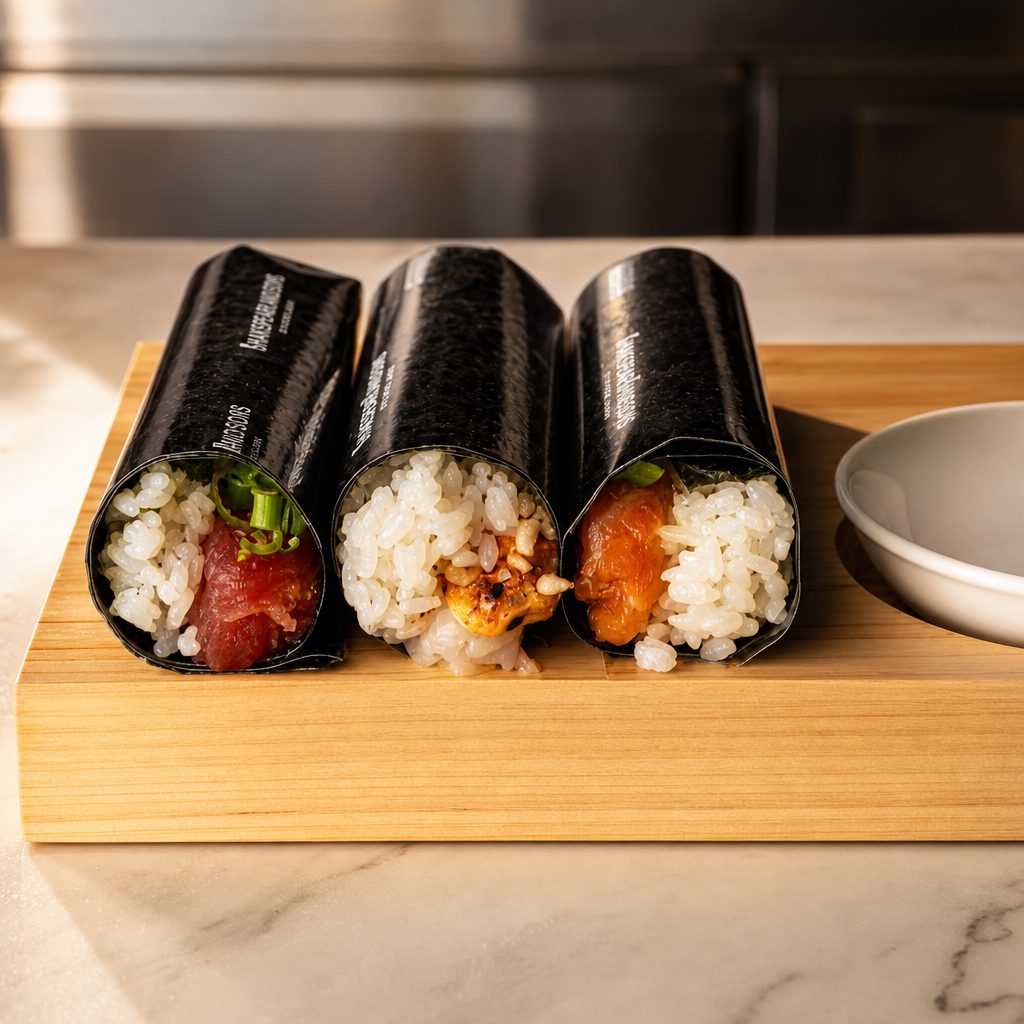 Sweet Chili Rock Shrimp Handroll.